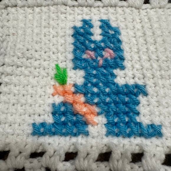 Vintage Hand Knit Quilt Crochet Afghan 36” x 36” Baby Blanket Animals Nursery - Picture 7 of 10